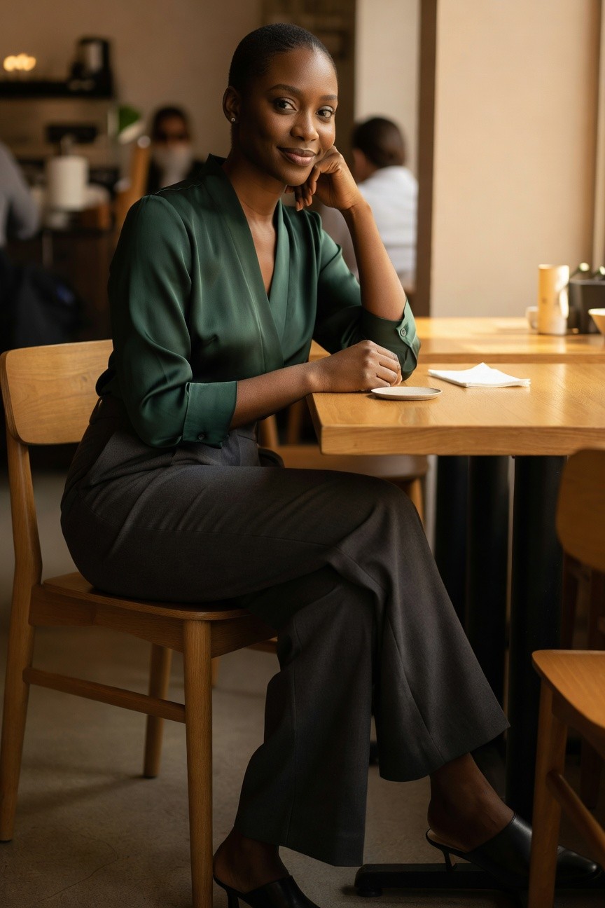 Green Satin Wrap Top With Wide Trousers