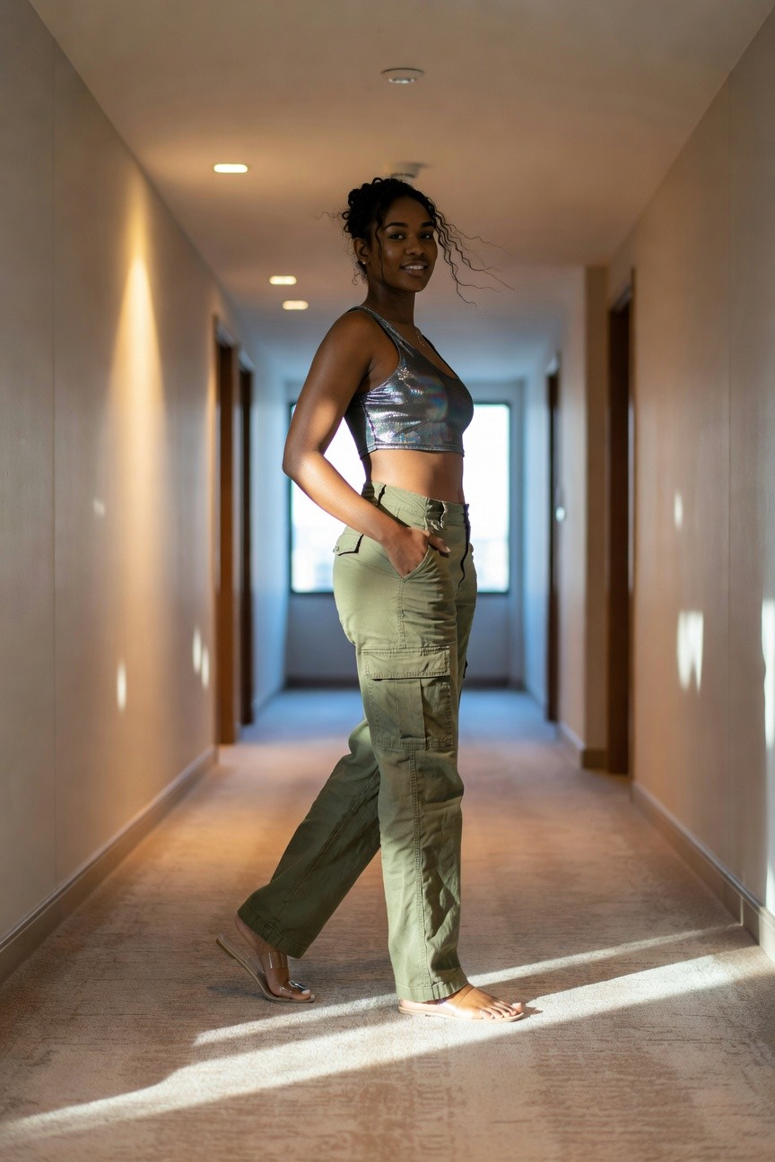 Metallic Crop Top And Olive Cargo Pants