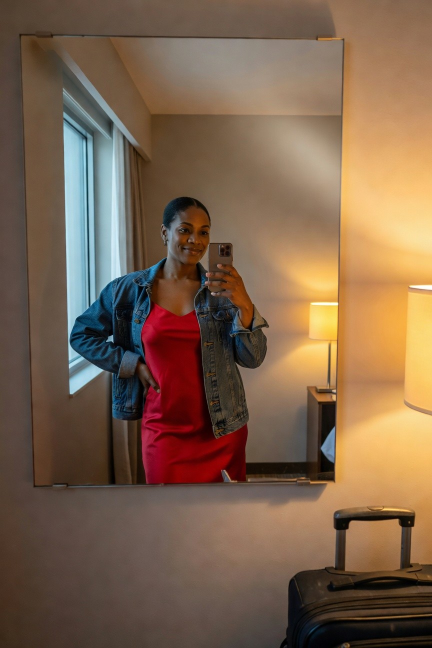 Red Dress Layered Under Denim Jacket