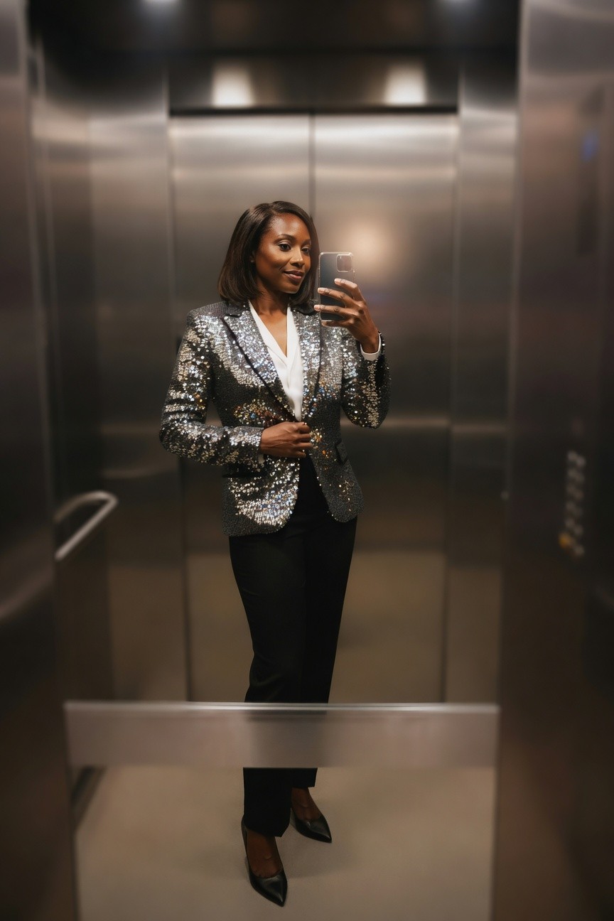 Sequined Blazer Over A White Top And Black Pants