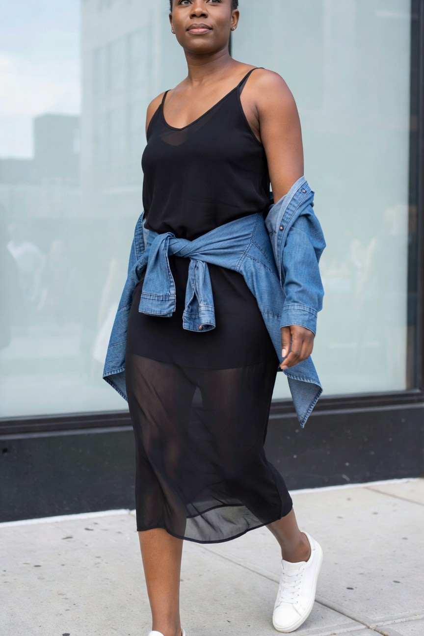 Sheer Black Skirt With Denim Jacket Tied On
