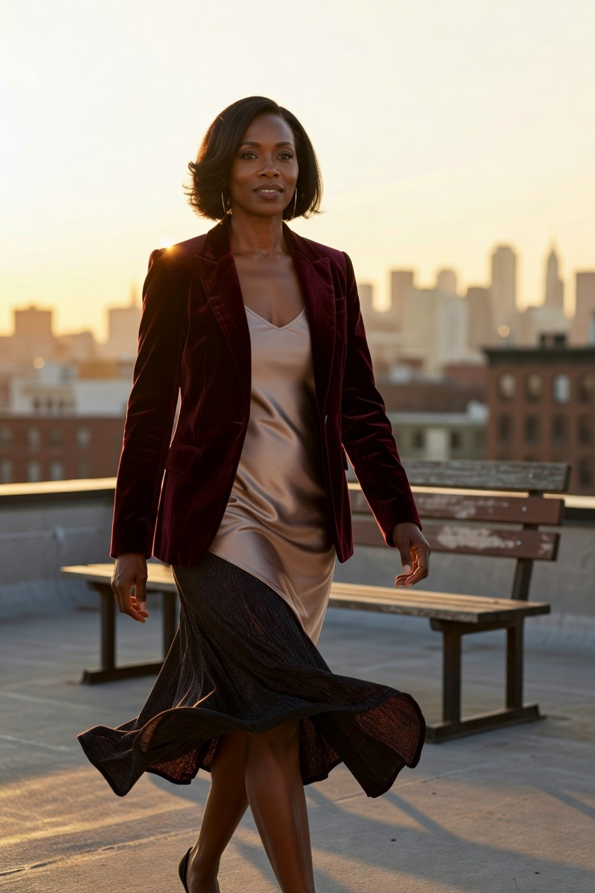 Velvet Blazer Over Satin Slip And Lace