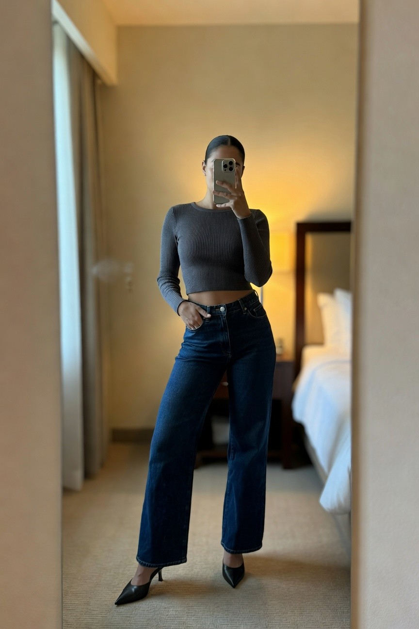 Cropped Ribbed Top Over Wide Leg Jeans
