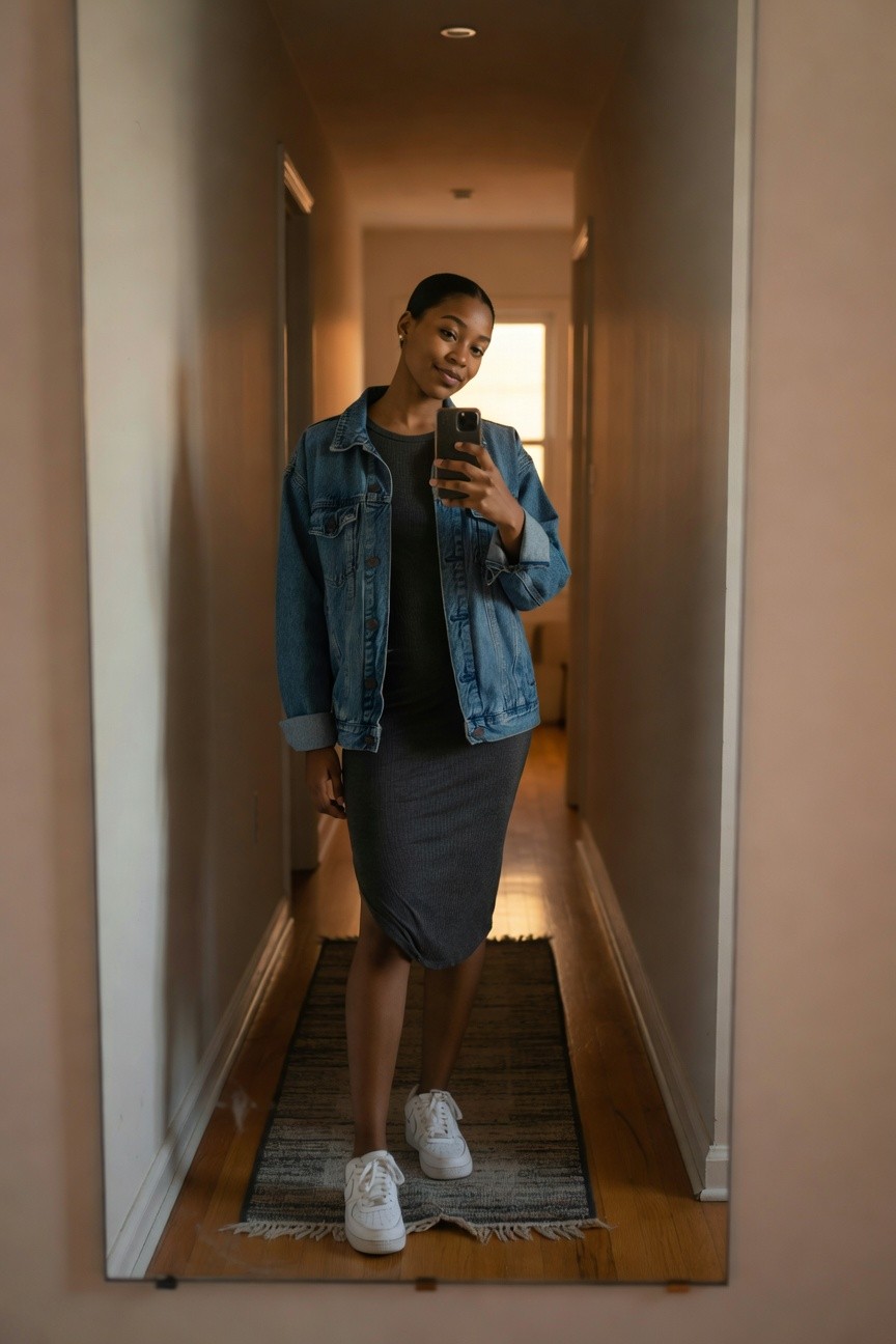 Denim Jacket And Ribbed Midi Dress