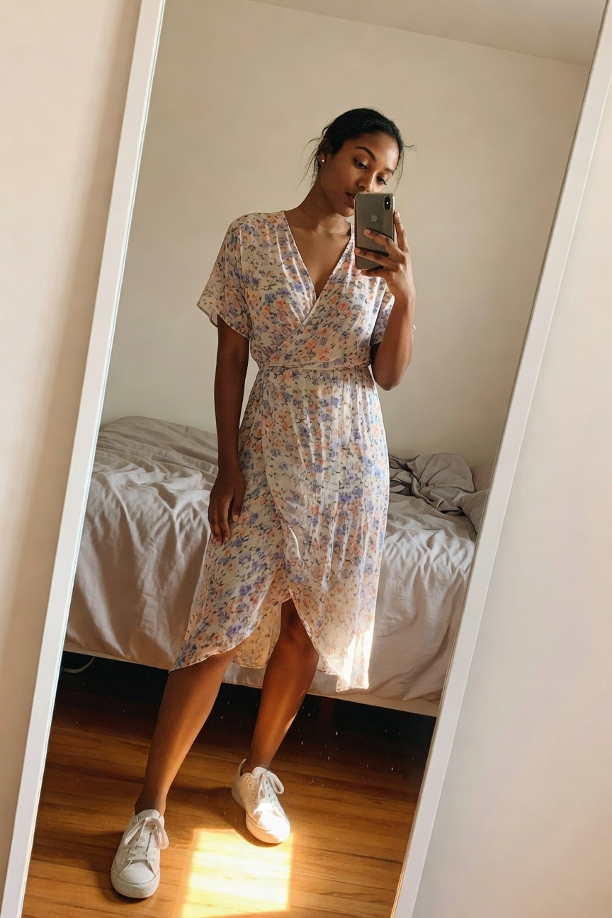 Floral Wrap Dress With Casual Sneakers