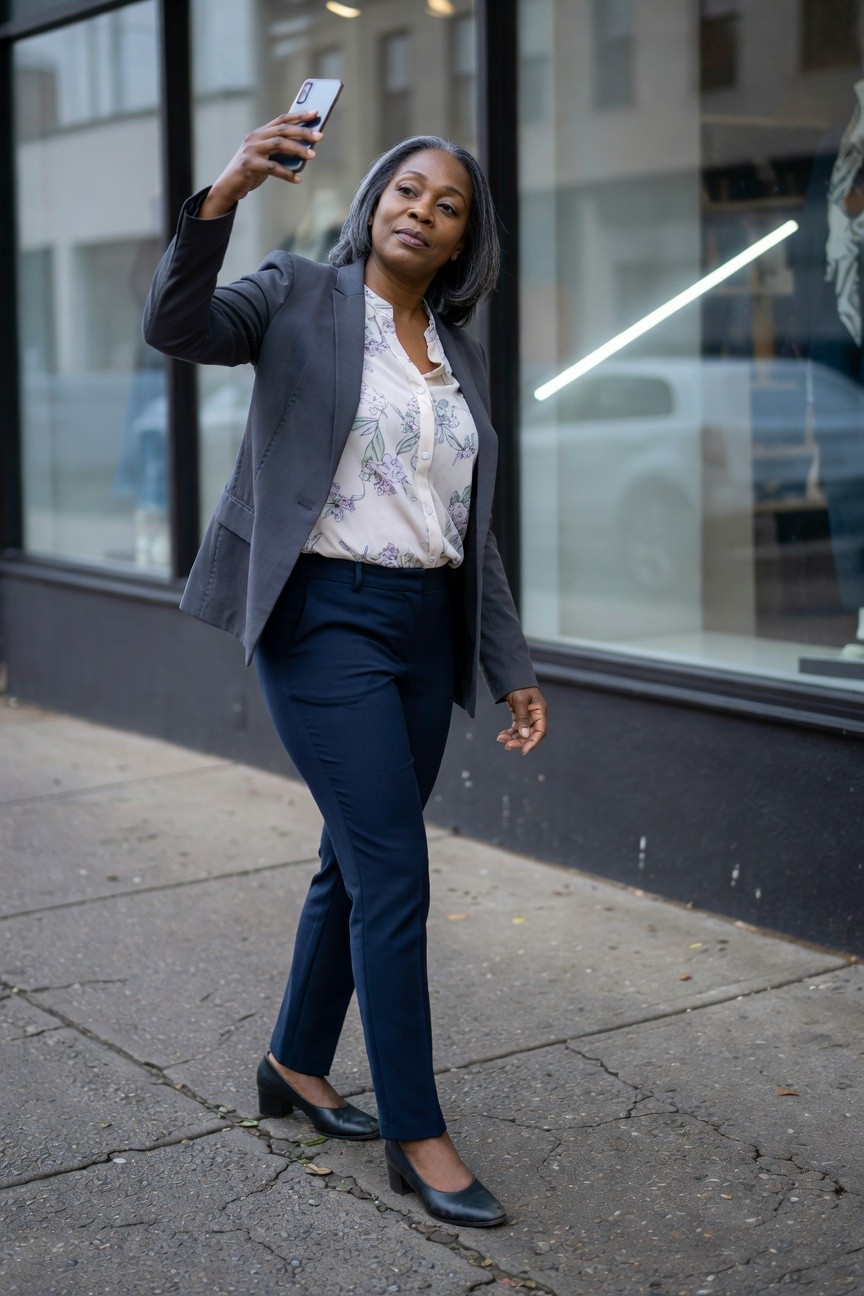 Gray Blazer Over Floral Blouse And Navy Pants