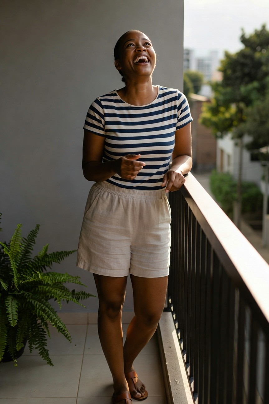 Woman in navy and white striped short sleeve top tucked into light linen shorts with brown flat sandals standing on a balcony.