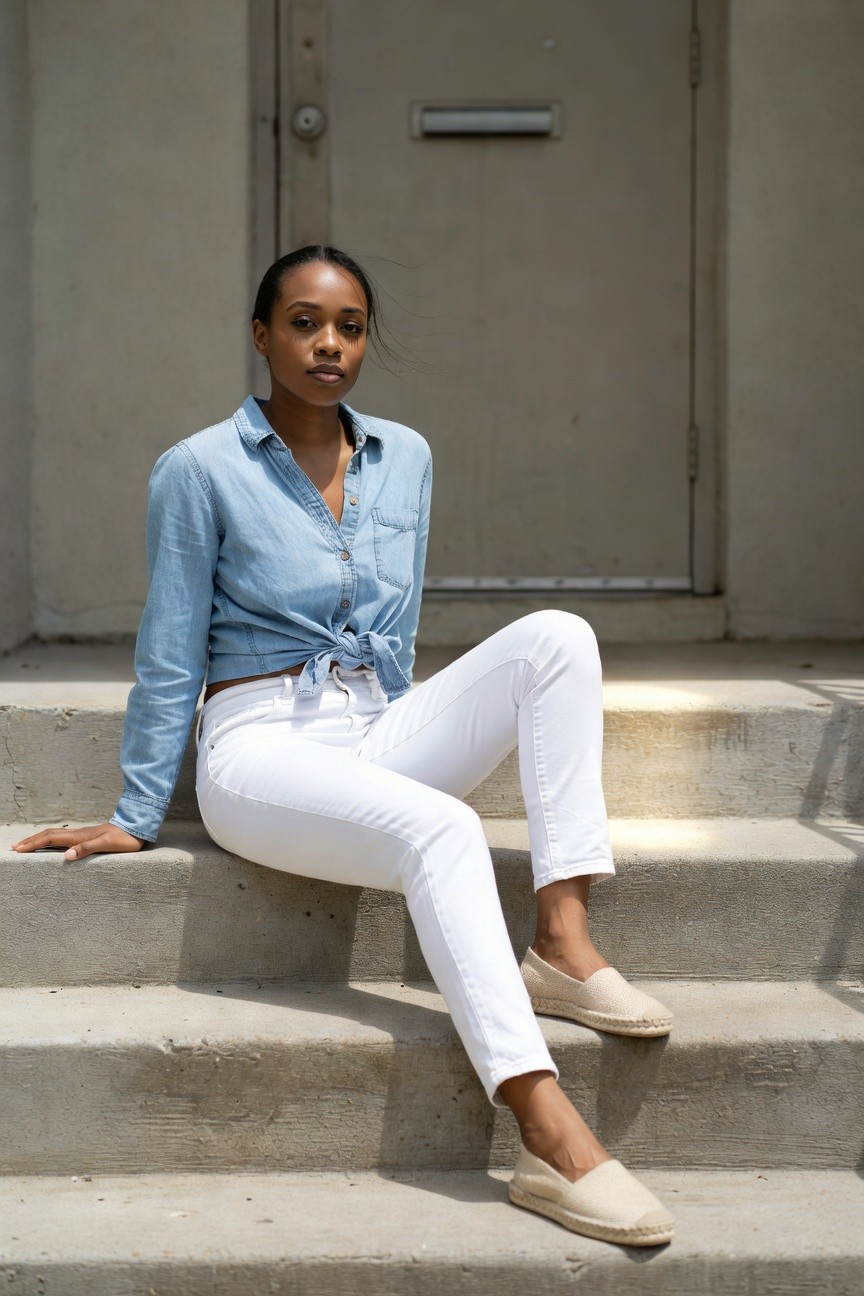 Tied Denim Shirt Over White Jeans