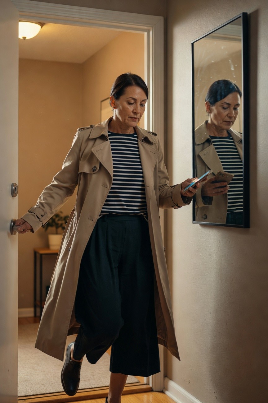 Trench Coat Over Stripes And Wide Pants
