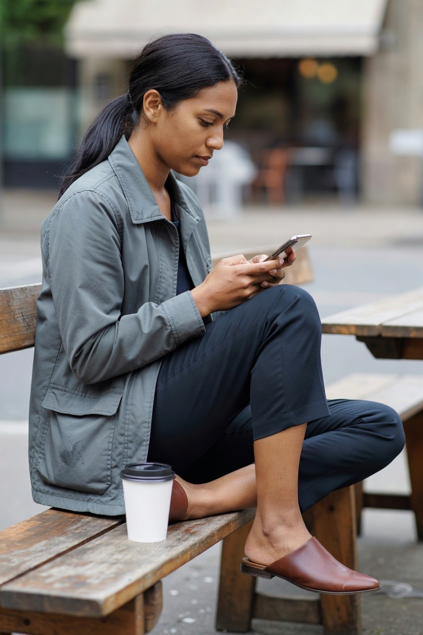 Woman seated on wooden bench wearing gray green utility jacket over dark top with black cropped pants and brown leather mules while holding a smartphone next to a white coffee cup.