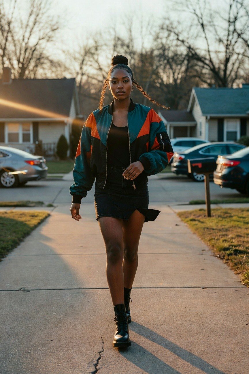 Color Blocked Bomber Jacket With Mini Skirt