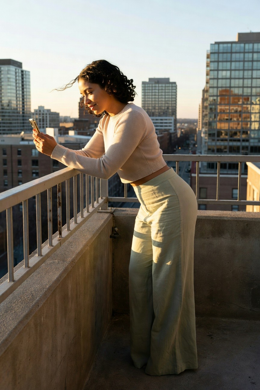 Woman wearing a cream cropped knit sweater tucked slightly at the waist and high-waisted sage green wide leg trousers while holding a phone on a city balcony.