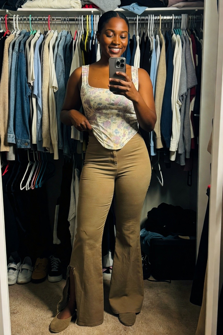 Floral Tank Top And Tan Flared Pants