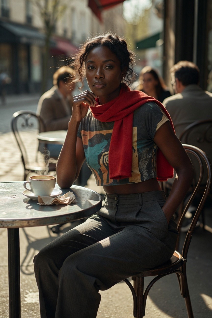 Graphic Crop Top And Gray Pants