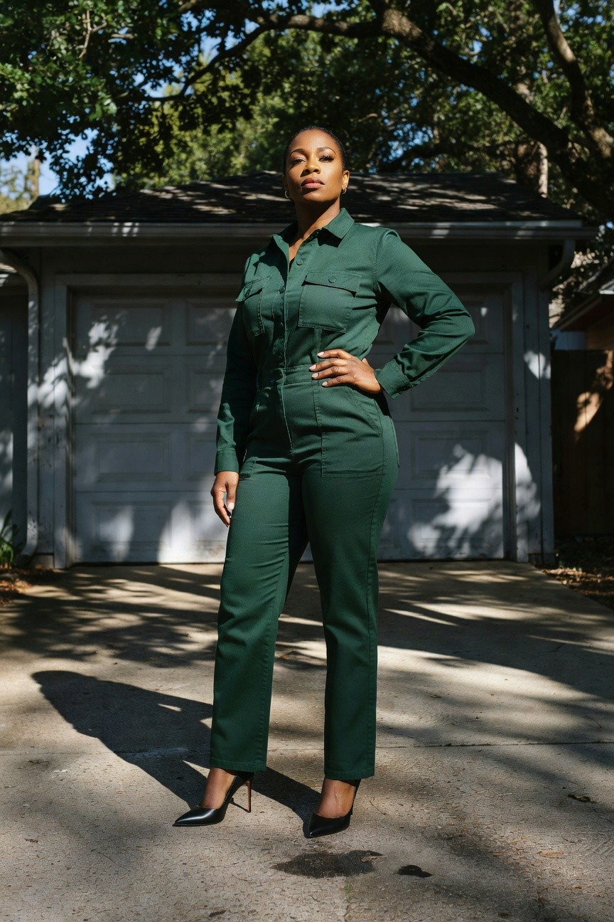 Green Utility Jumpsuit With Black Heels