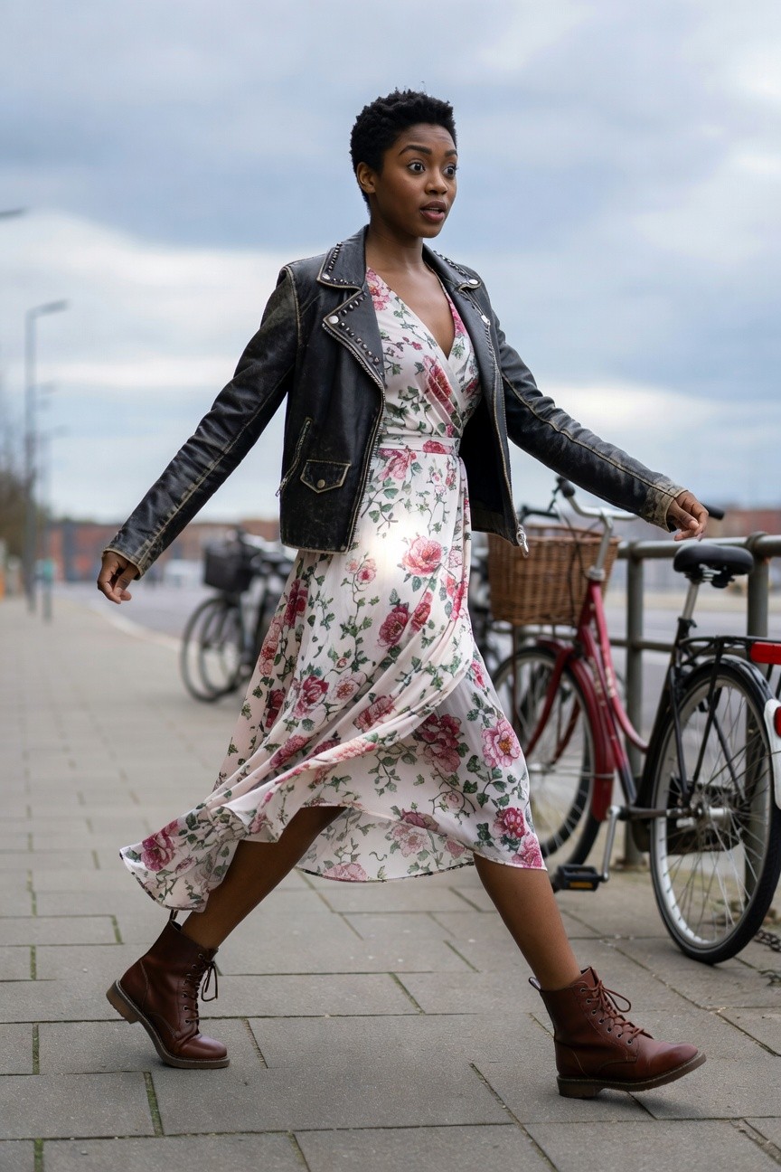 Leather Jacket Over A Floral Dress