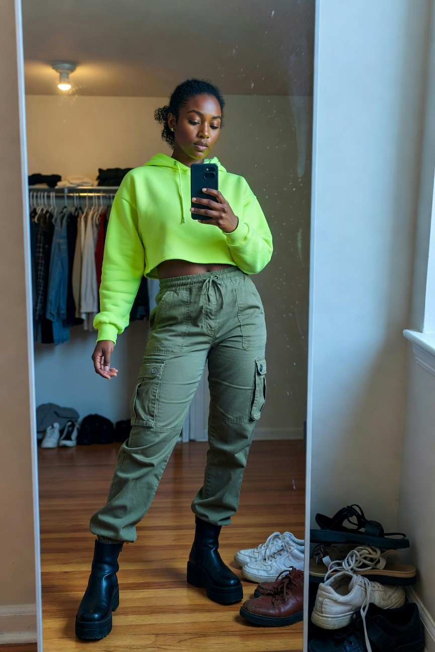 Neon Cropped Hoodie And Cargo Pants