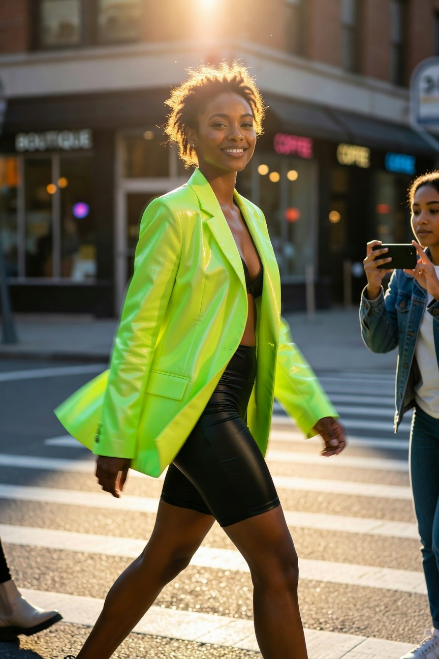 Woman wearing an open neon green patent blazer over a black crop top and matching black bike shorts while crossing a street in bold daytime style.