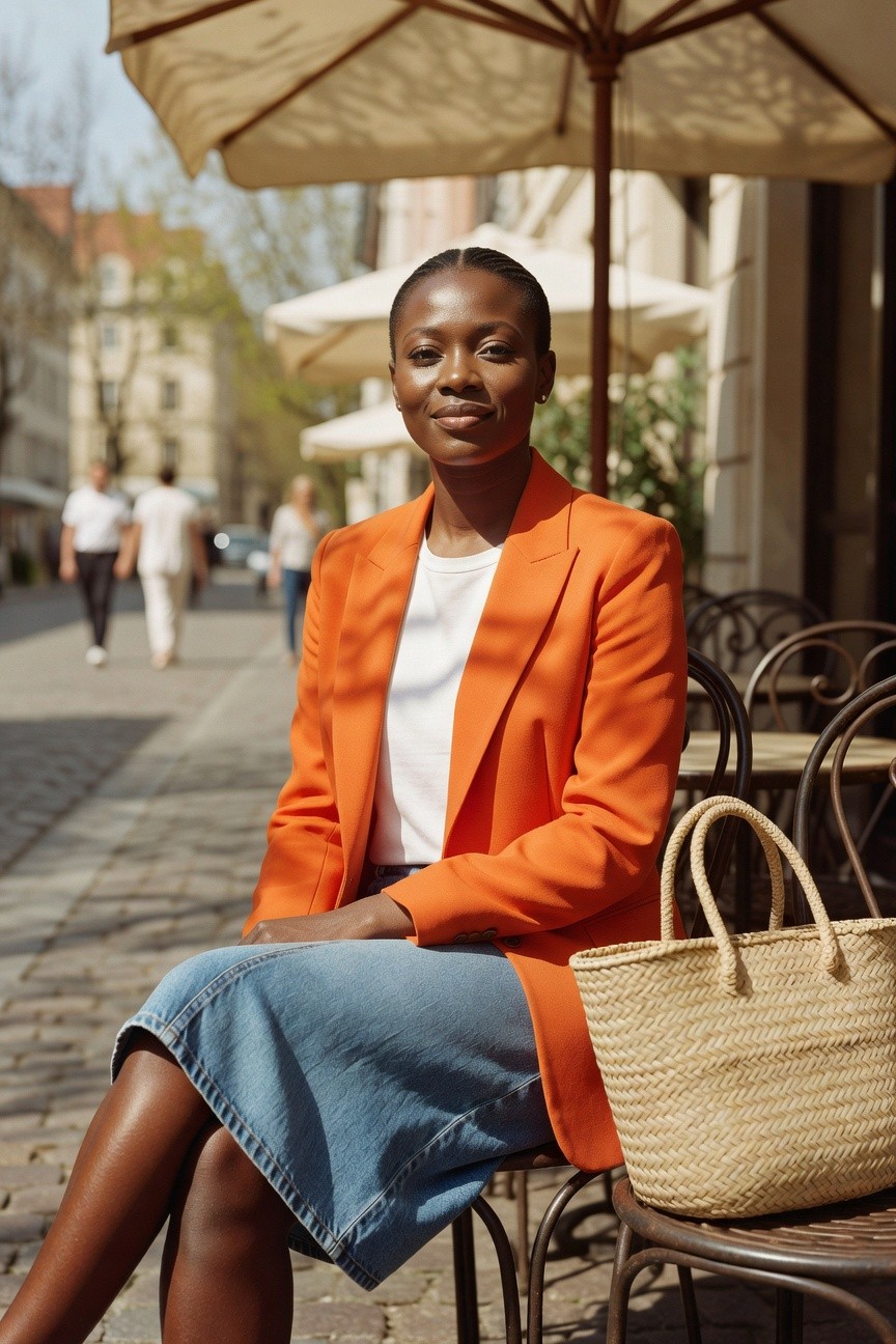 Orange Blazer With Denim Skirt