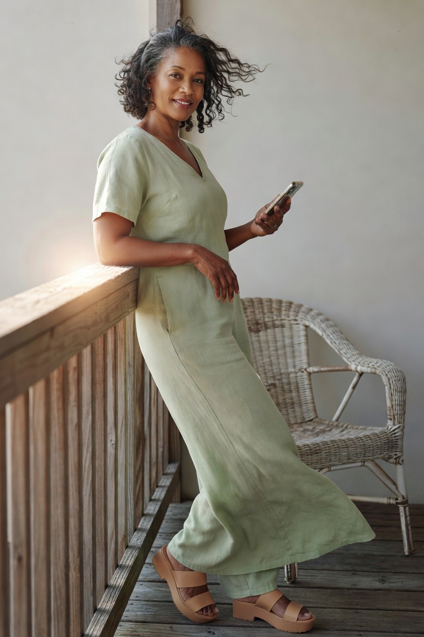 Pale Green Linen Jumpsuit With Platform Sandals