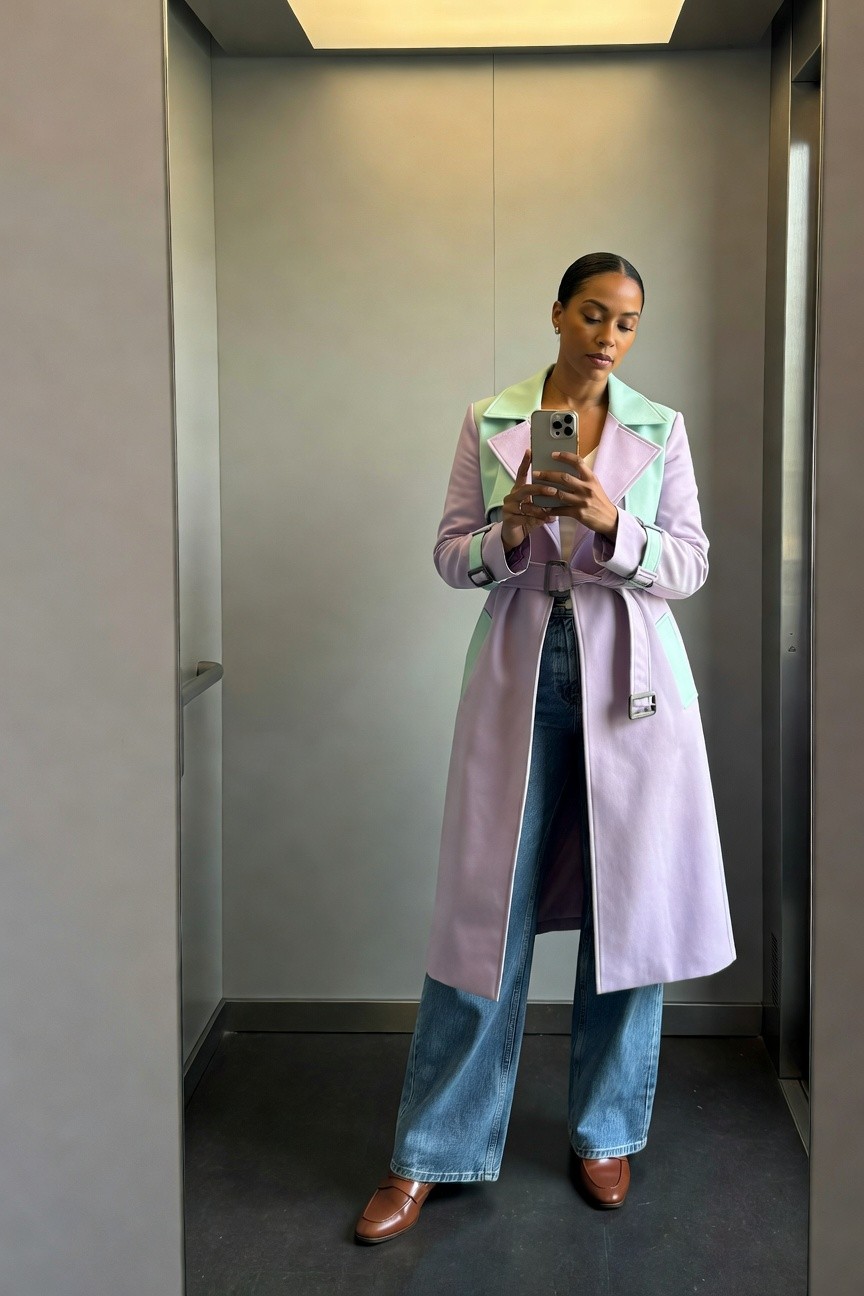 Pastel Trench Over Wide Leg Jeans