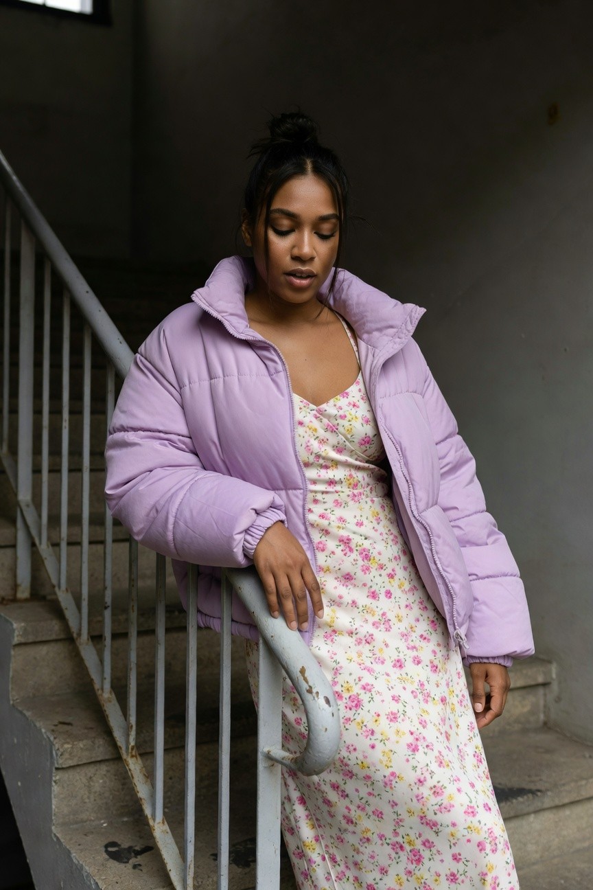 Puffer Jacket Over A Floral Maxi Dress