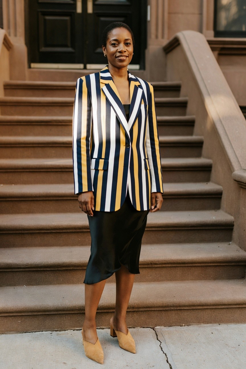Striped Blazer Over A Midi Skirt