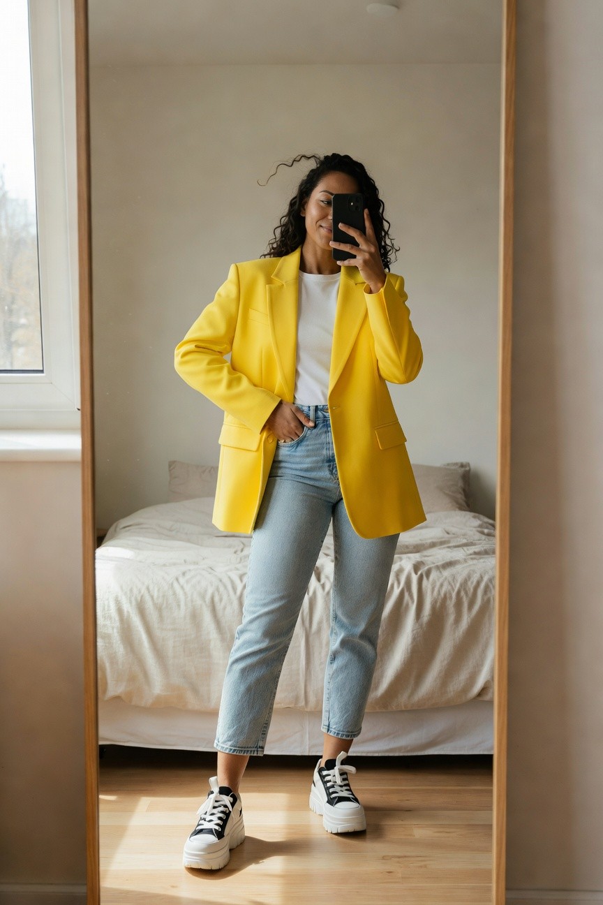 Yellow Blazer And Light Wash Jeans
