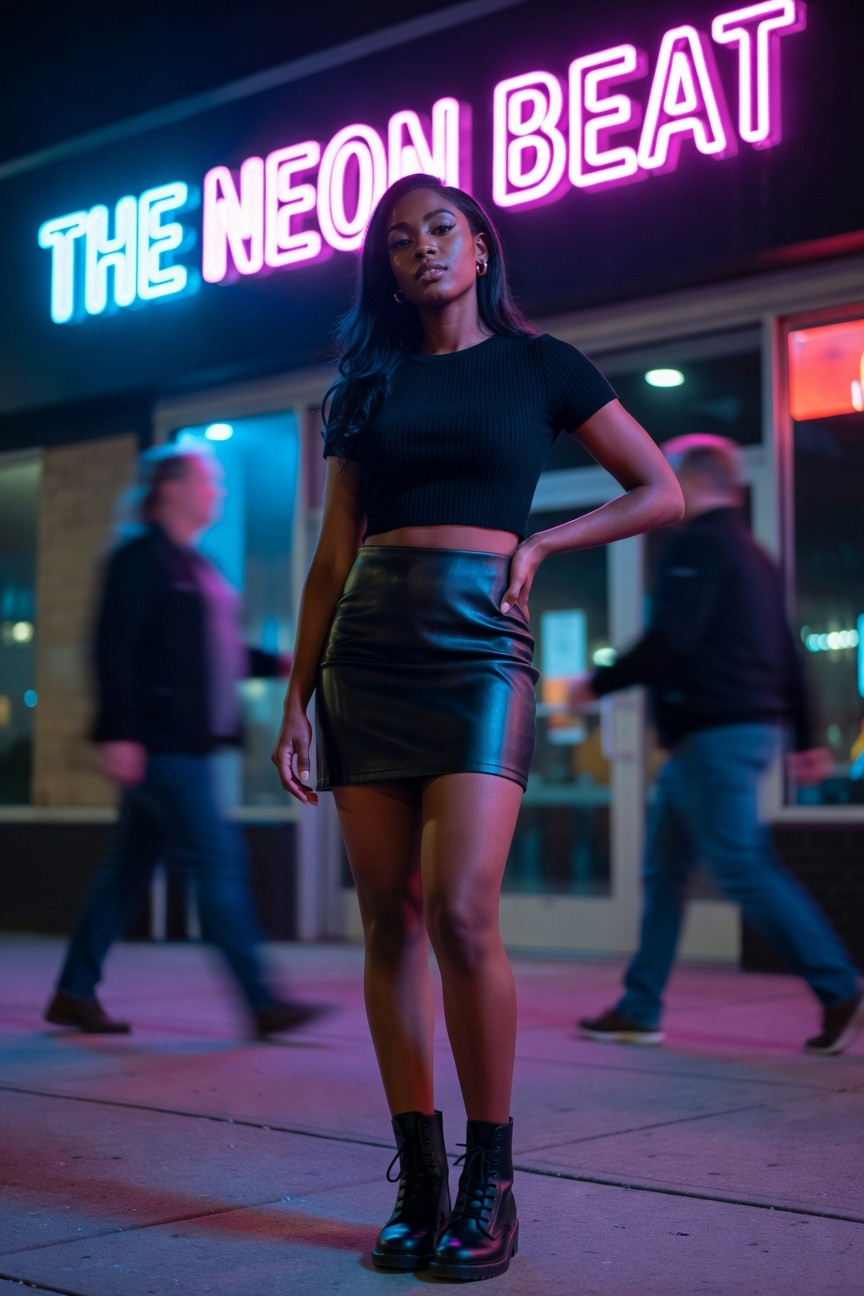 Black Crop Top And Leather Mini Skirt