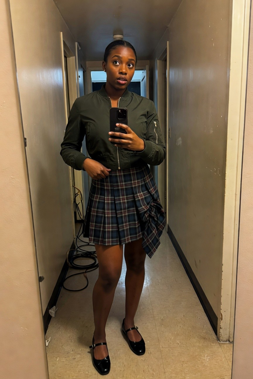 Bomber Jacket And Plaid Skirt