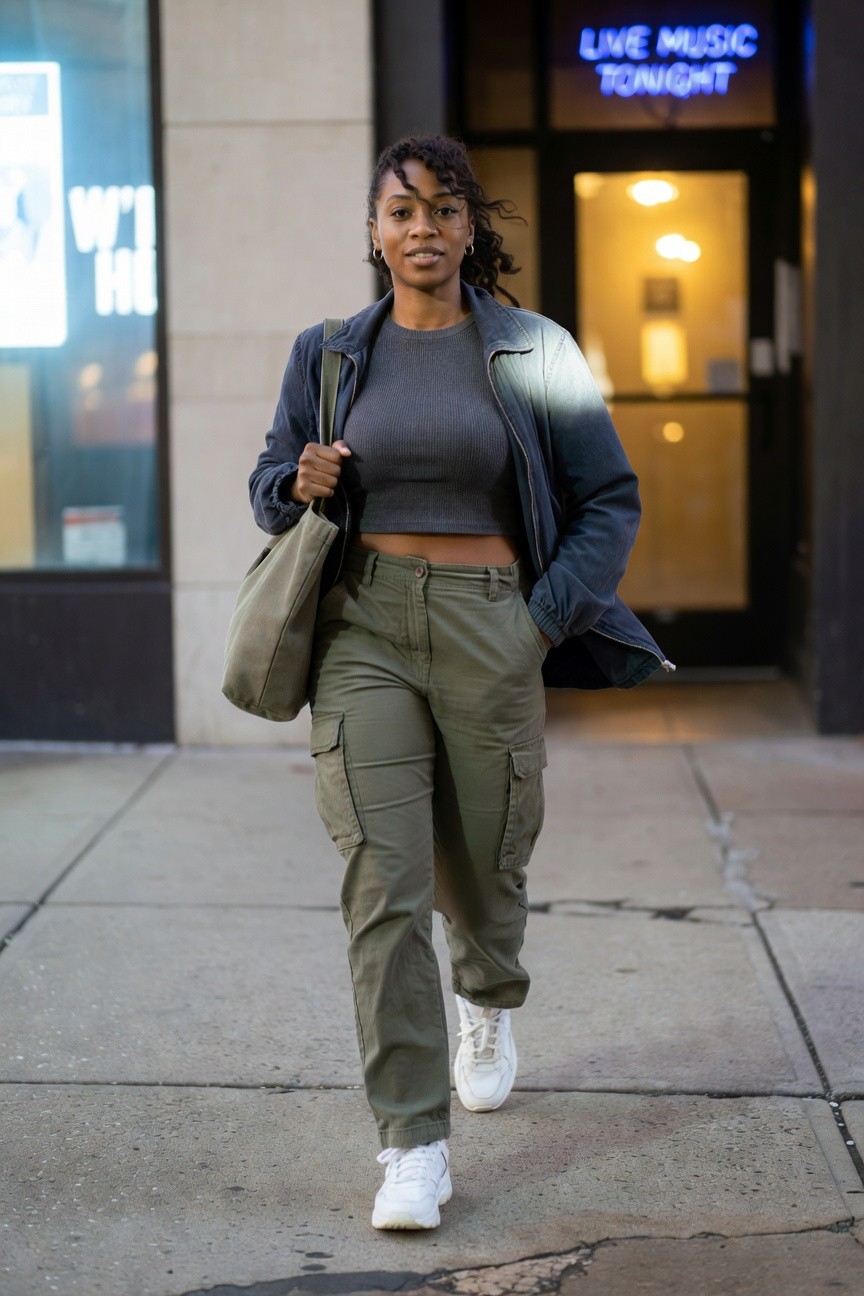 Cargo Pants With A Cropped Top And Denim Jacket