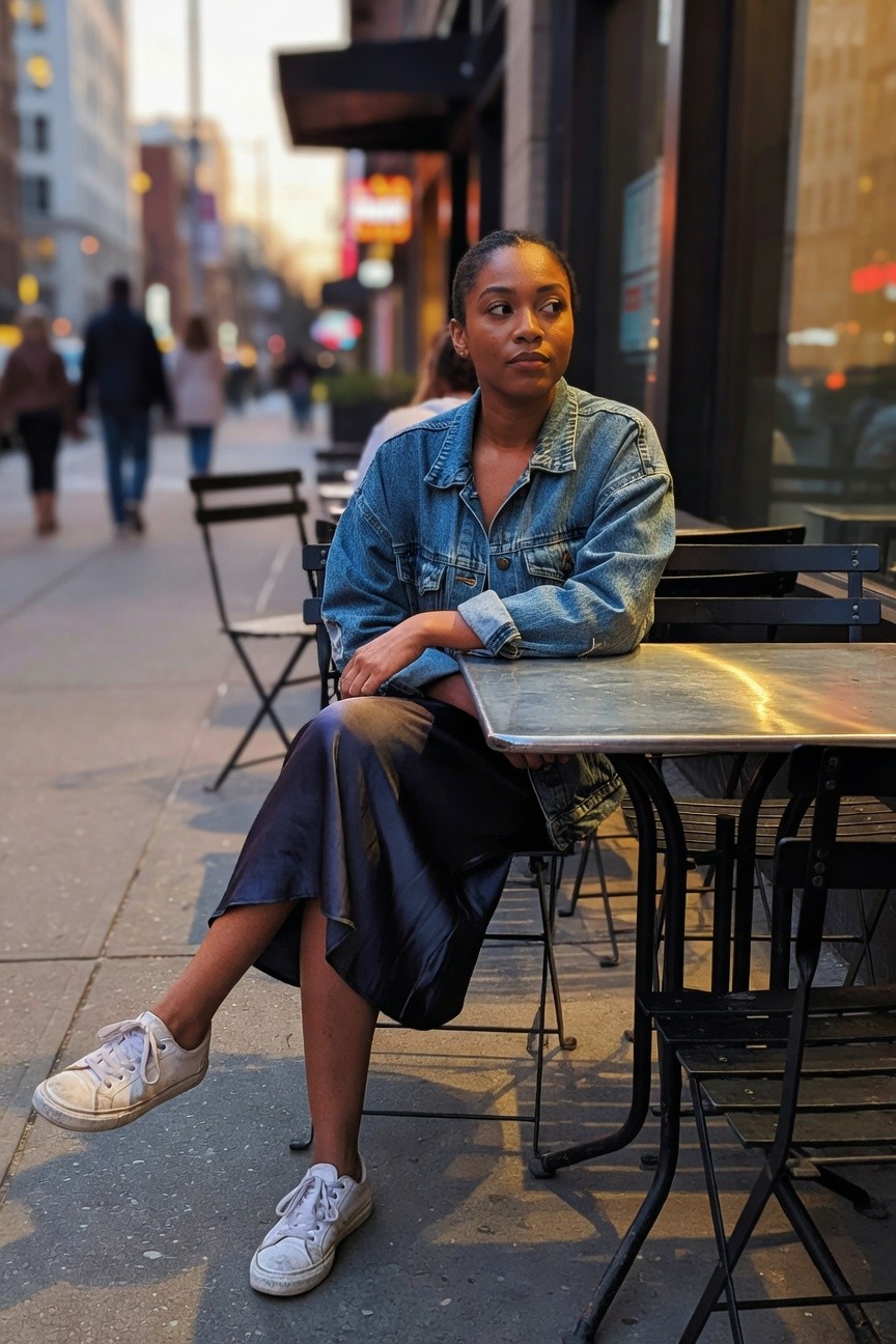 Denim Jacket And Black Satin Skirt Paired With Sneakers