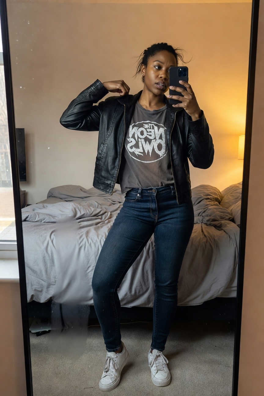 Leather Jacket With A Graphic Tee And Jeans