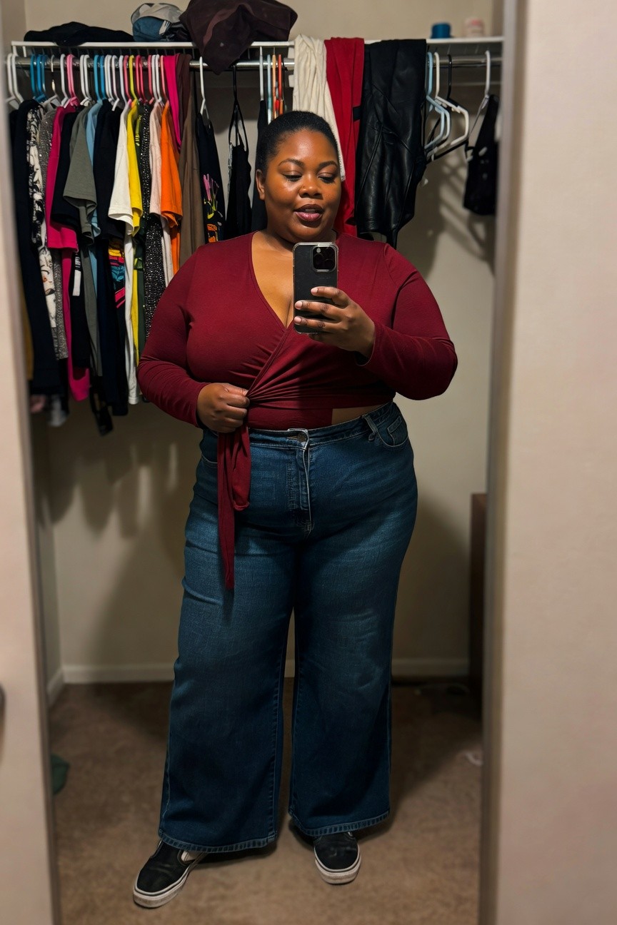Maroon Wrap Top With Wide Leg Jeans
