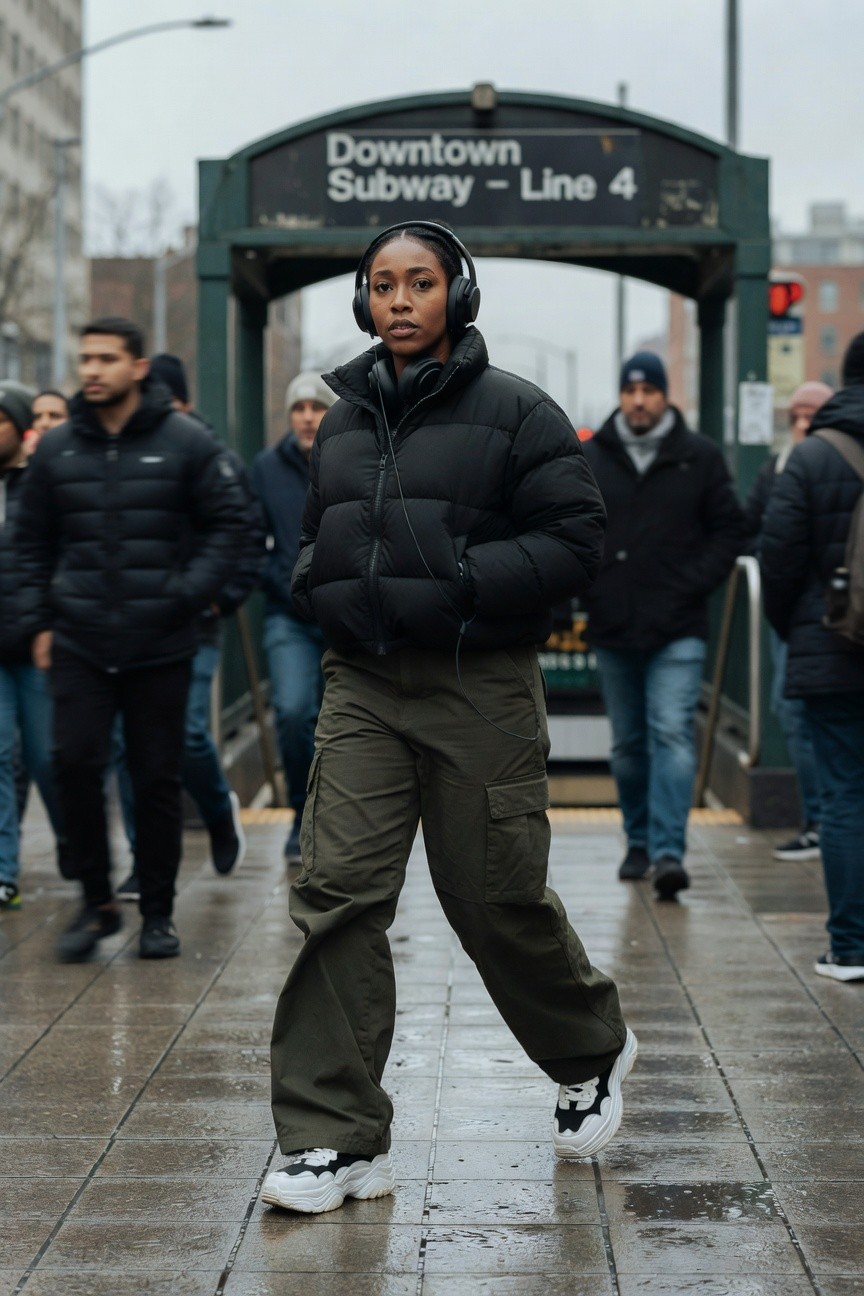 Puffer Jacket Over Cargo Pants