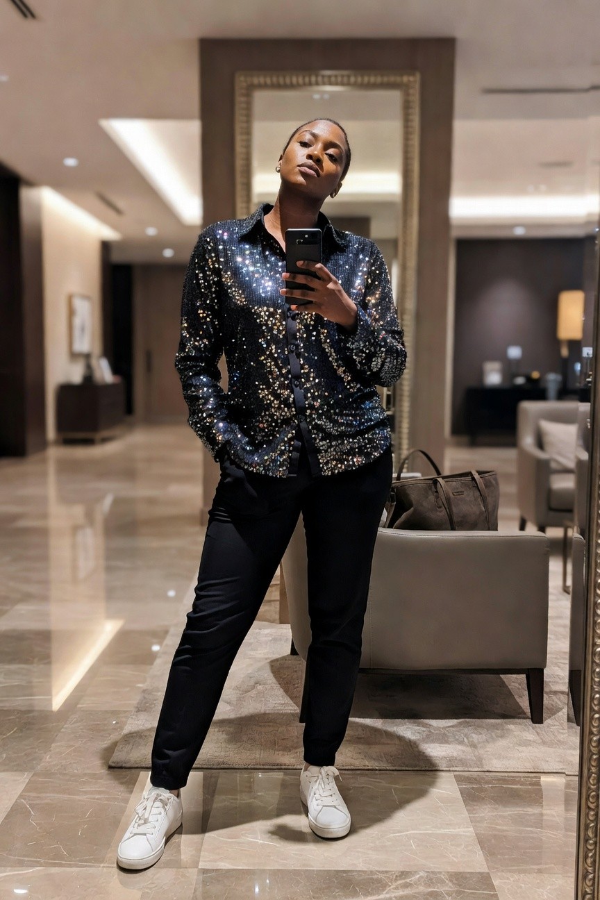 Woman in black sequin button-up shirt, black pants, and white sneakers taking a mirror selfie indoors.