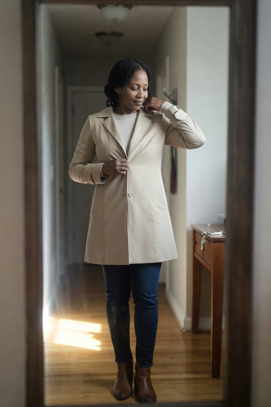 Beige Coat Over Jeans And A Sweater