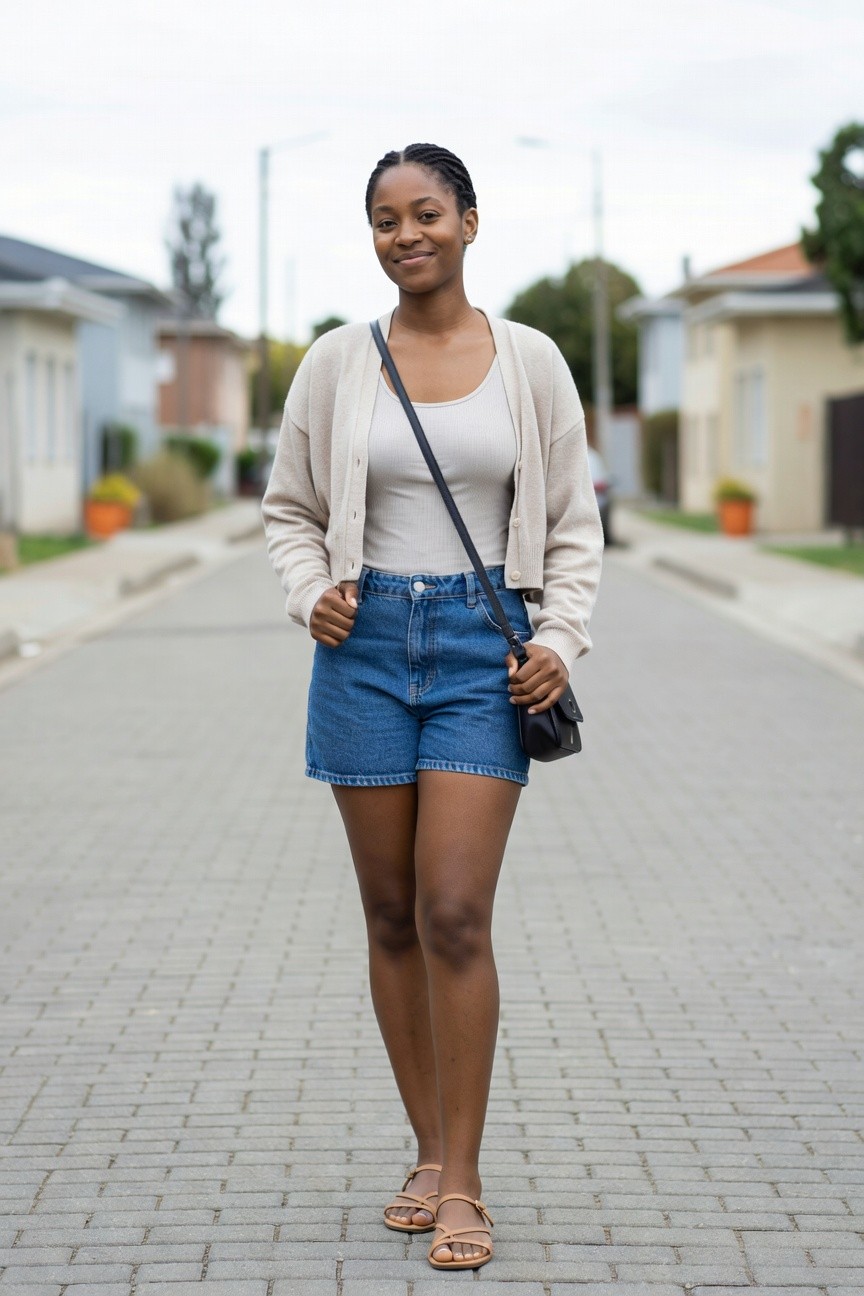 Cardigan Layered Over A Tank With Denim Shorts