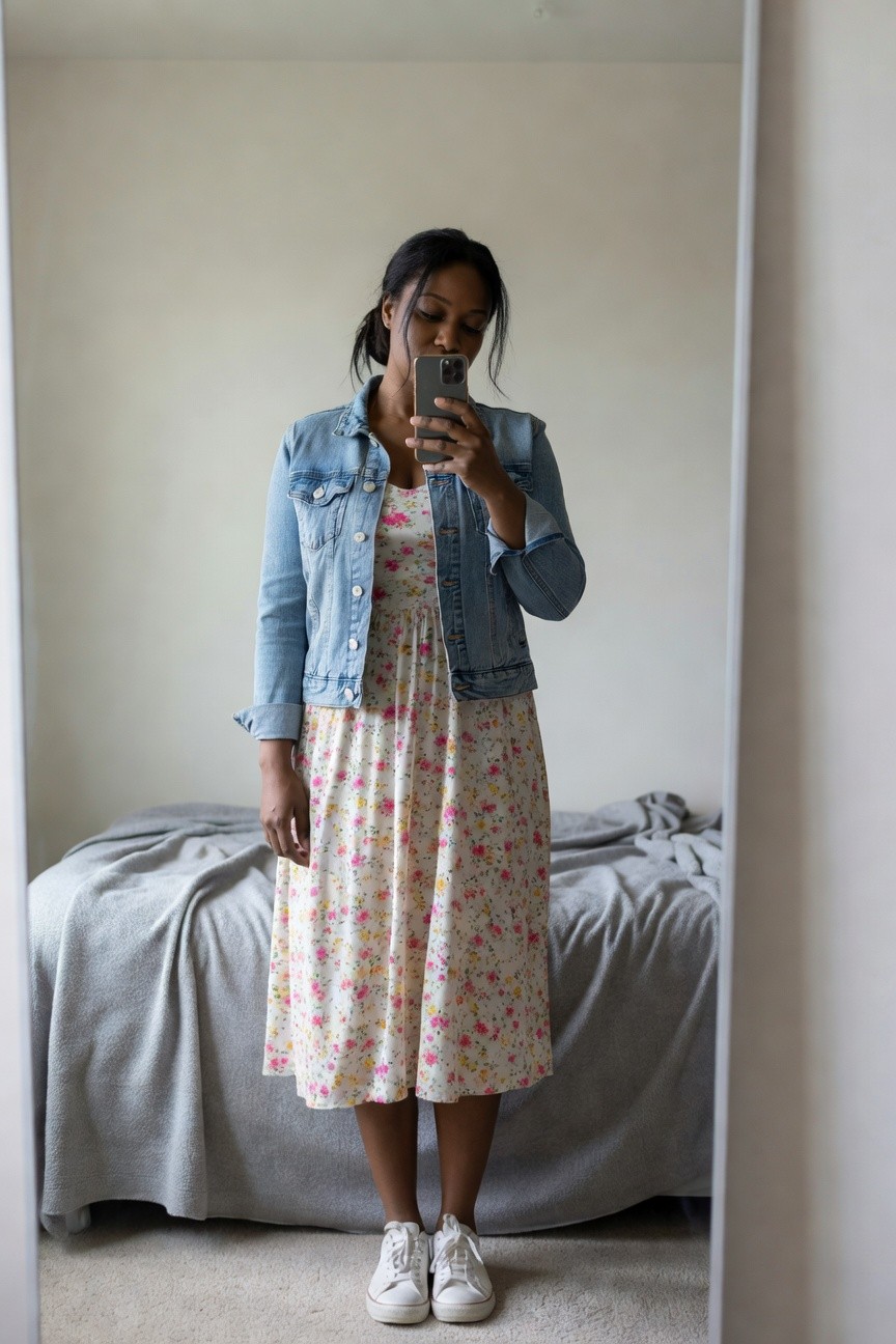 Floral Dress Layered With Denim Jacket