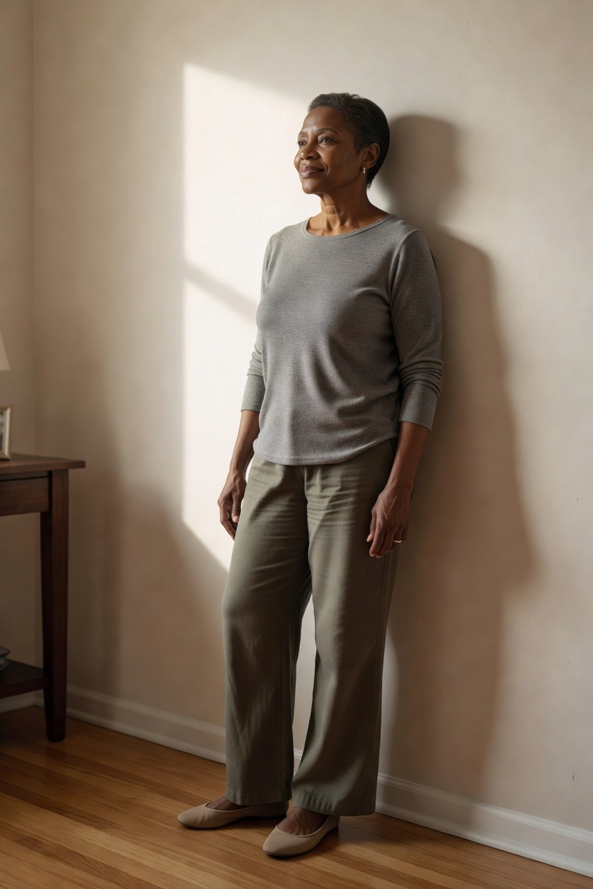 A Black woman in her fifties wearing a light gray long-sleeve knit sweater tucked loosely over sage green wide-leg pants and beige ballet flats while standing indoors.