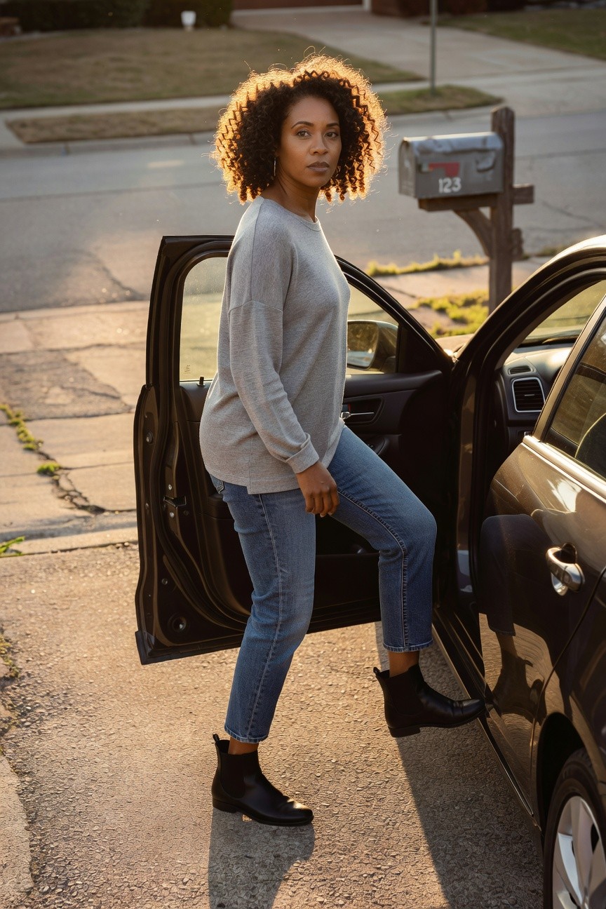 Black woman wearing a light gray long sleeve sweater, blue cropped straight leg jeans, and black ankle boots while standing beside an open car door.
