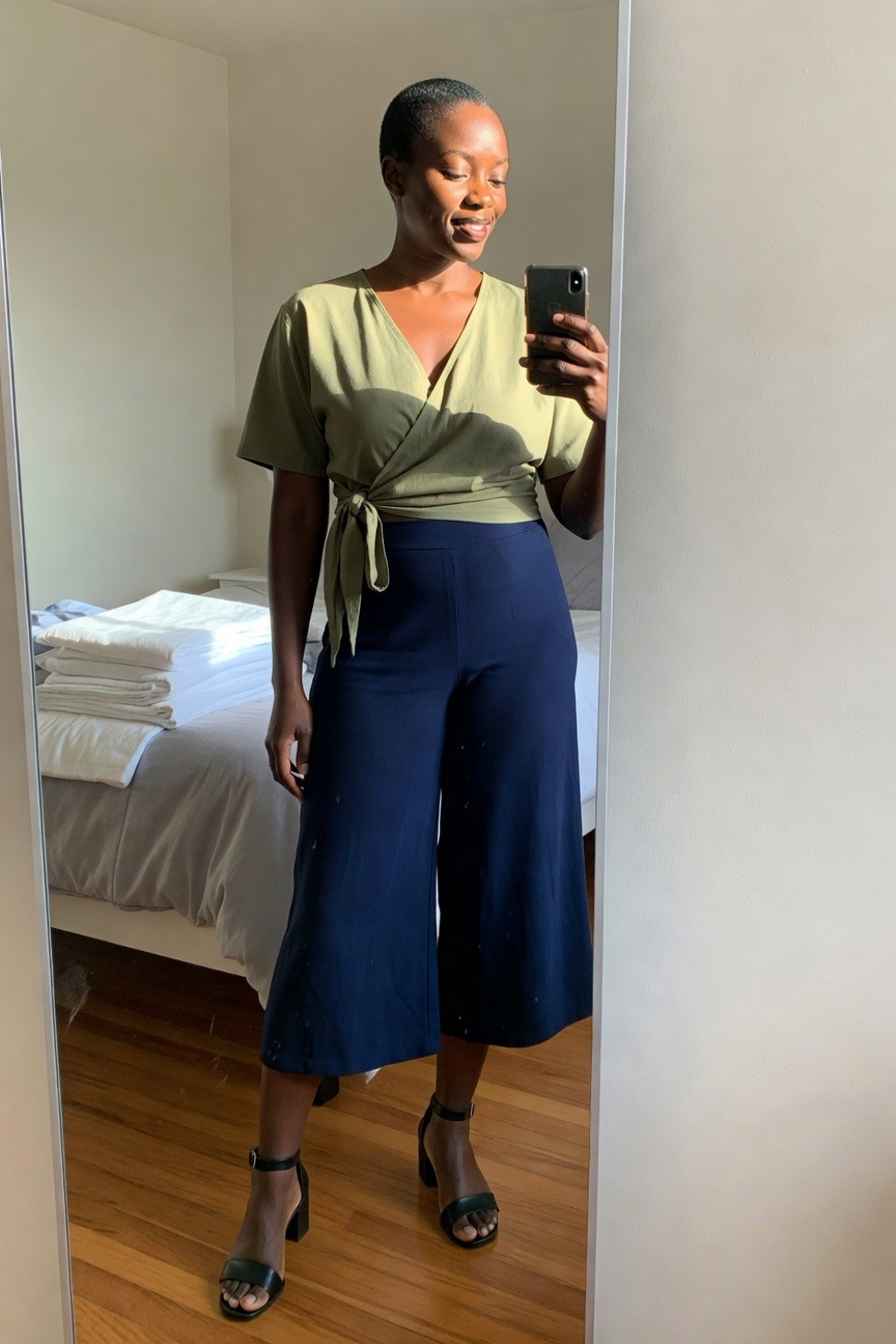 Green Wrap Top With Navy Pants