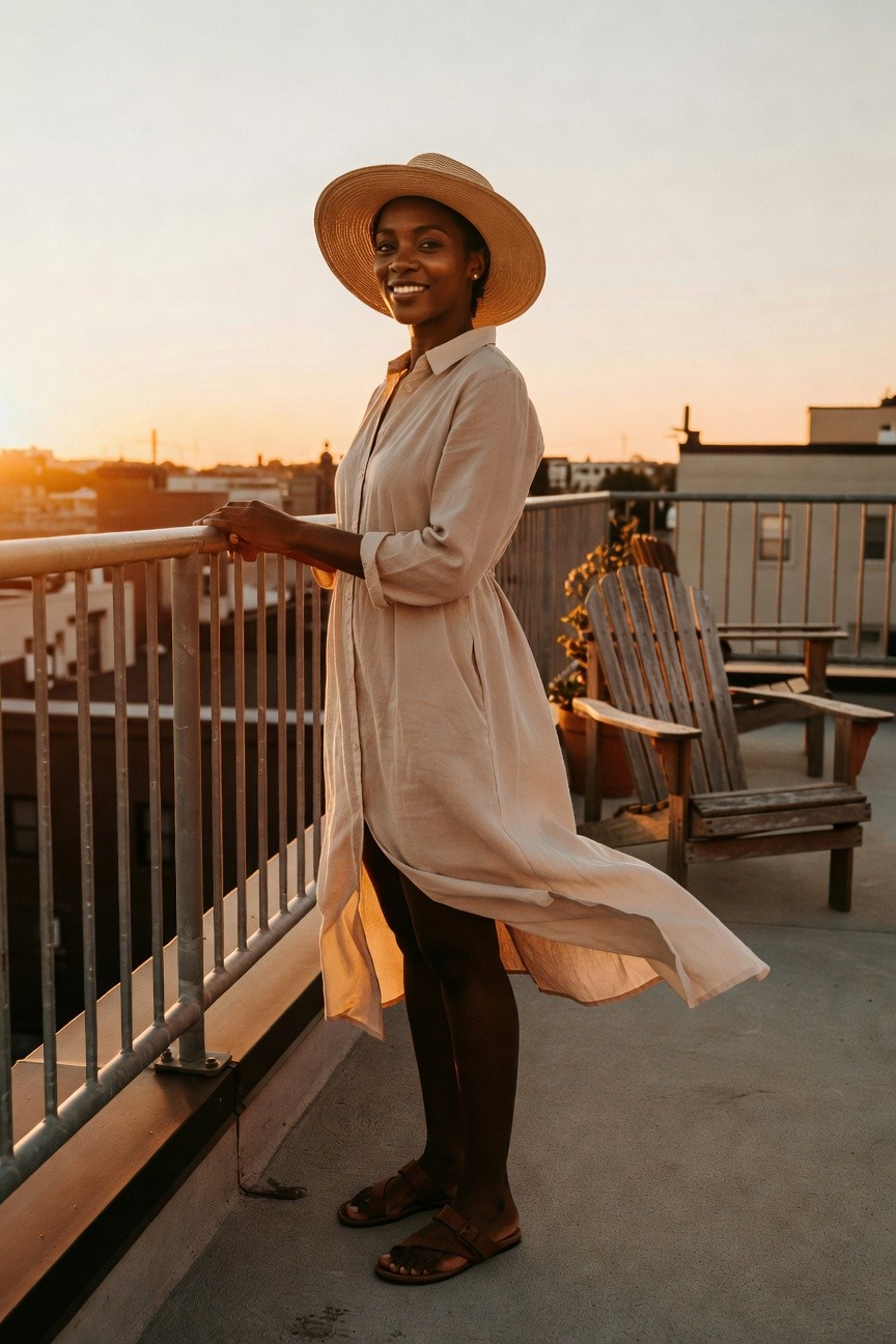 Shirt Dress With Sandals And A Hat