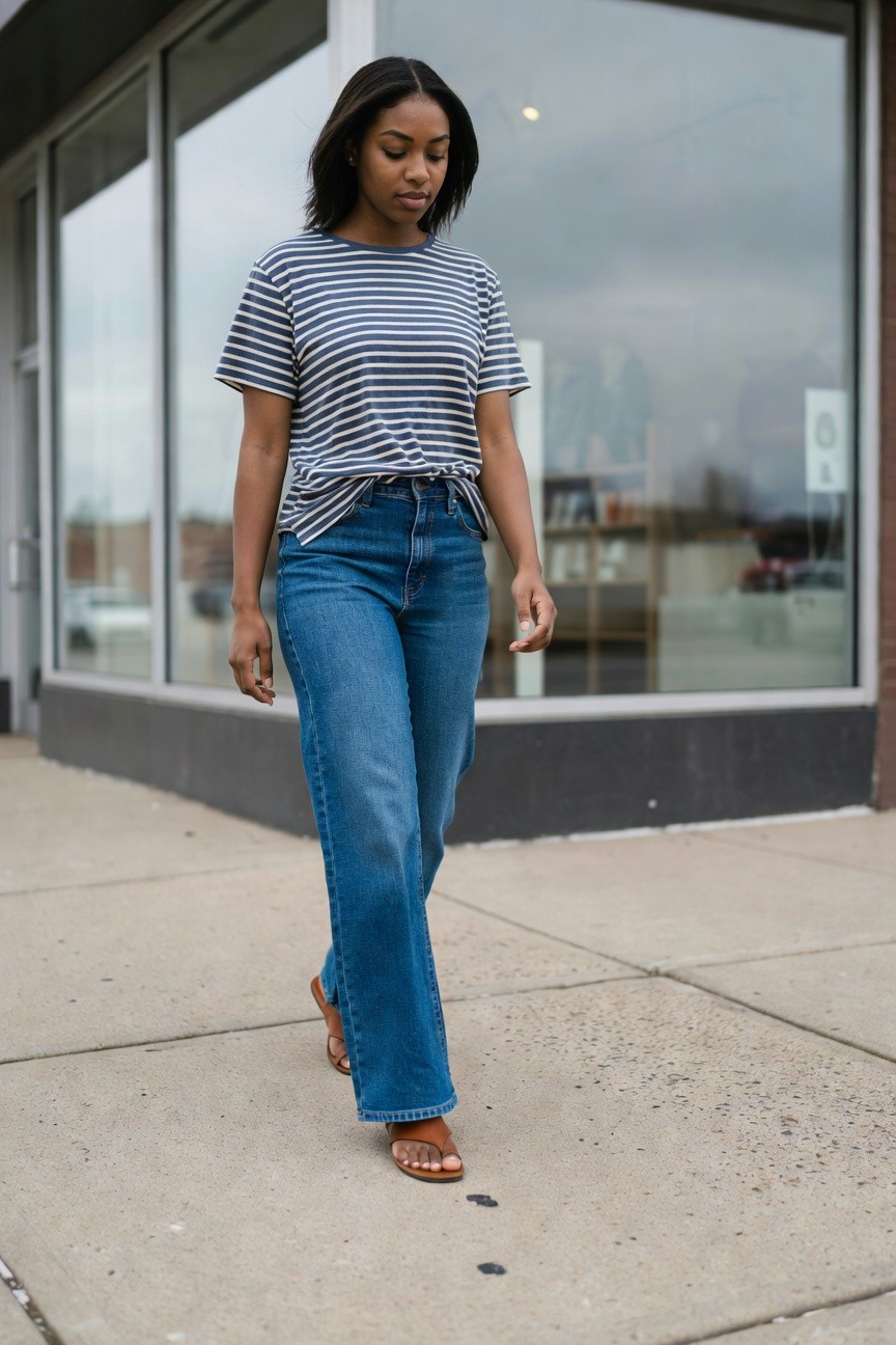 Striped Top Tied With Wide Leg Jeans