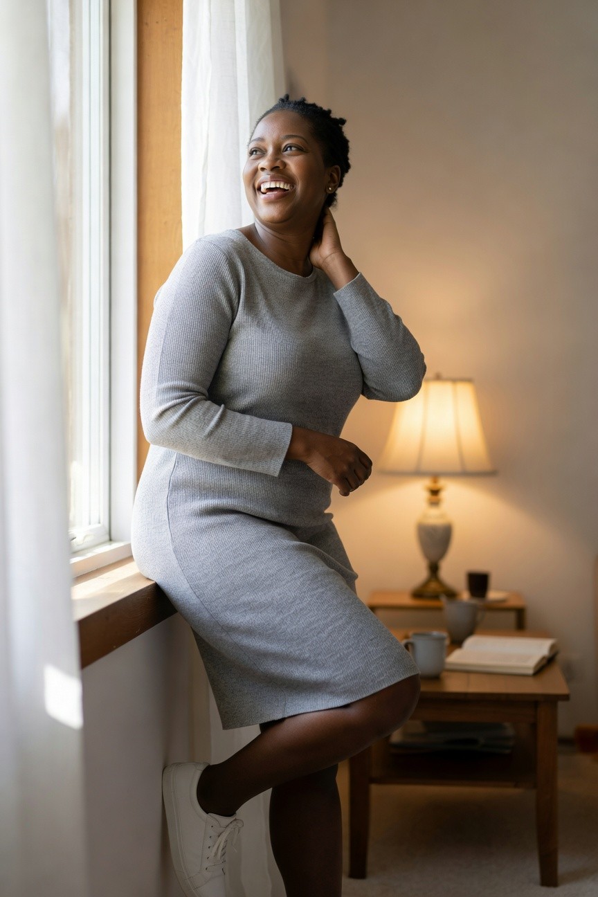 Gray Ribbed Dress With White Sneakers