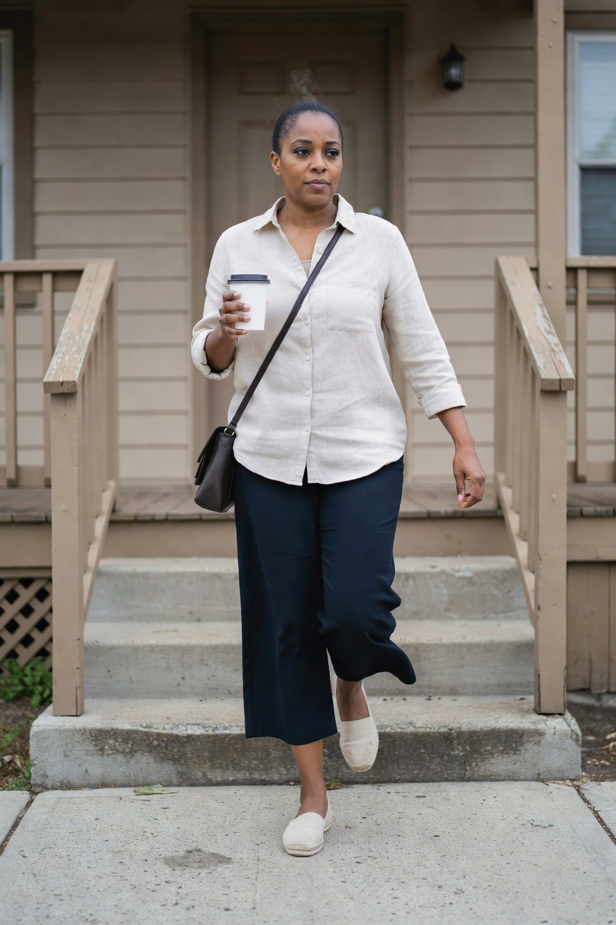 Linen Shirt Over Navy Cropped Pants