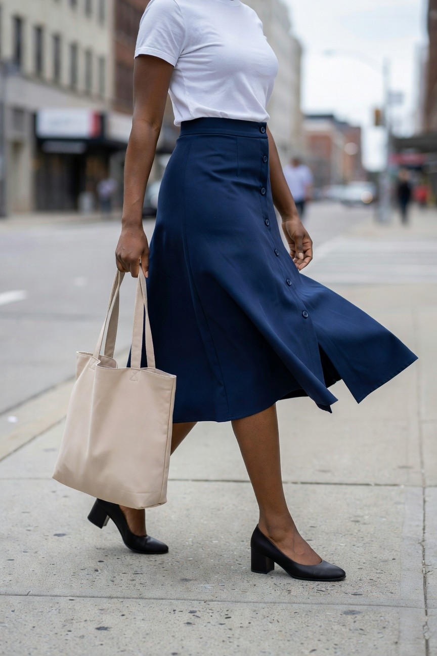 Navy Button Skirt With White Tee