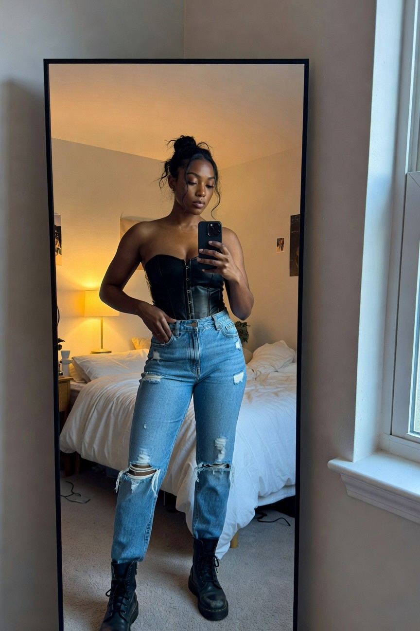Woman in black strapless corset top, light blue ripped jeans, and black combat boots taking a mirror selfie in a bedroom.