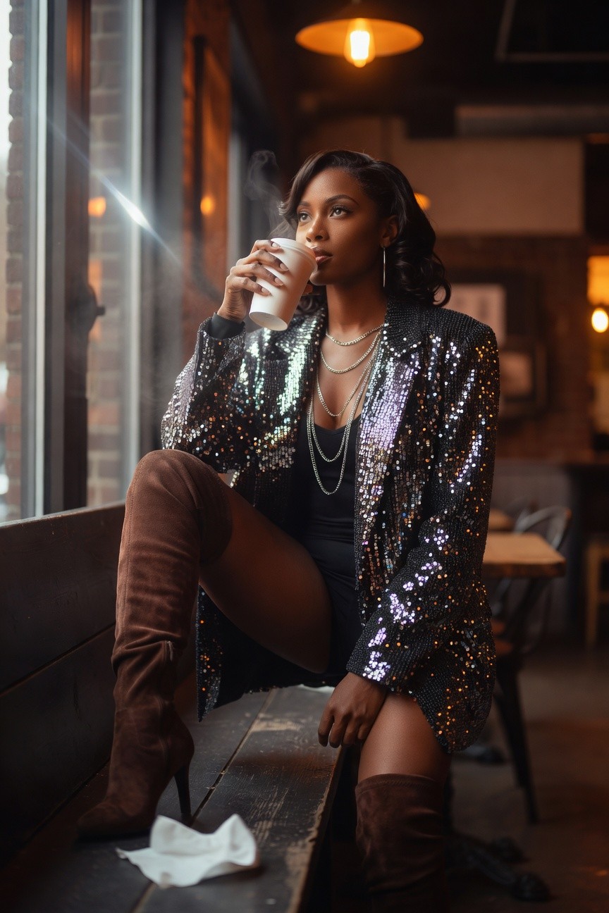 Black Sequin Blazer And Brown Suede Boots