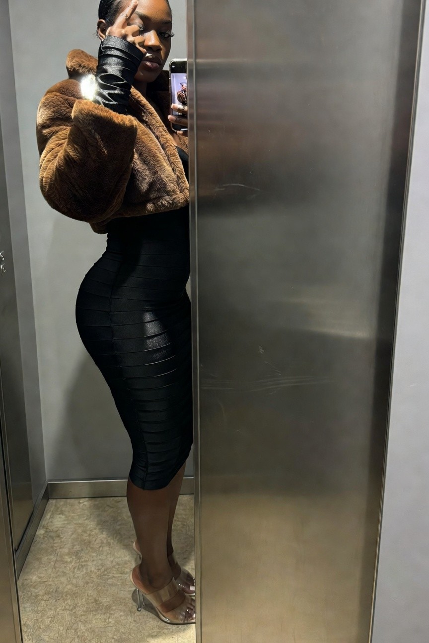 Brown Fur Jacket With Black Midi Dress